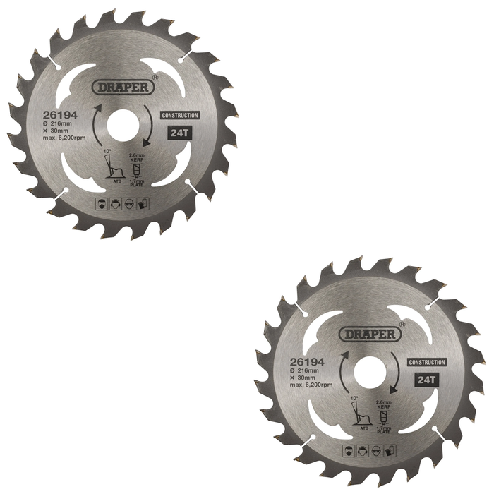 Draper TCT Construction Circular Saw Blade, 216 x 30mm, 24T - SBC4