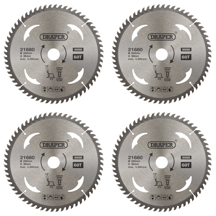 Draper TCT Circular Saw Blade for Wood, 250 x 30mm, 60T - SBW12
