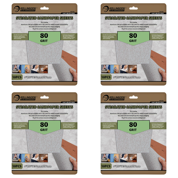 ROLLINGDOG Stearated Sanding Sheets, 230 x 280mm, 80 Grit (Pack of 10) - 90128