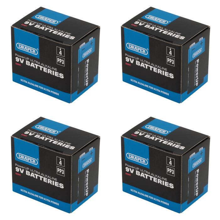 Draper PowerUP Ultra Alkaline 9V Batteries (Pack of 4) - BATT/PP3/9V/4