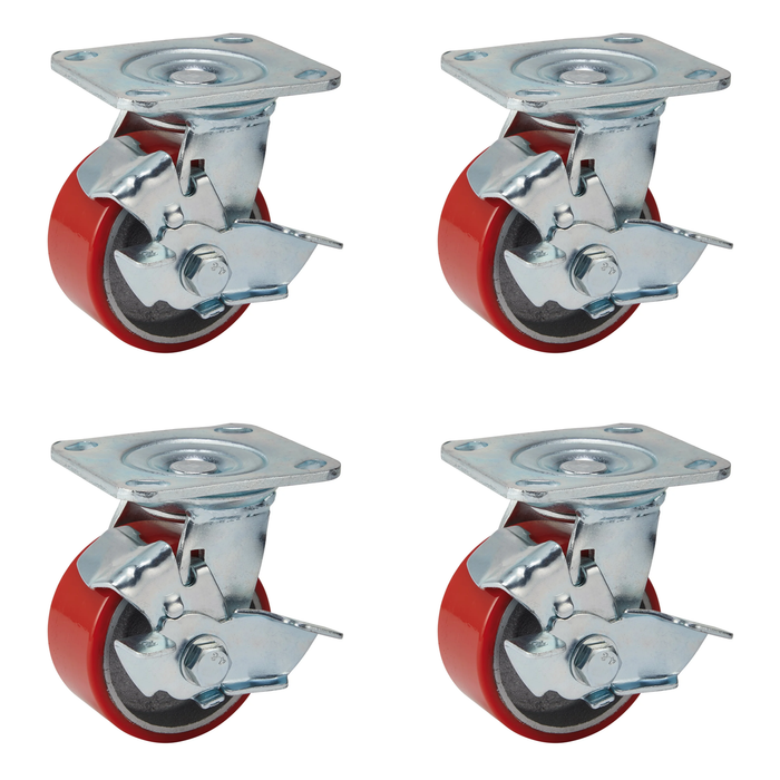 Draper Swivel Plate Fixing Heavy Duty Polyurethane Wheel with Brake, 100mm