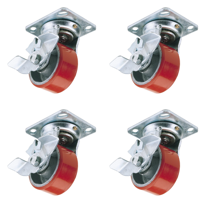 Draper Swivel Plate Fixing Heavy Duty Polyurethane Wheel with Brake, 125mm