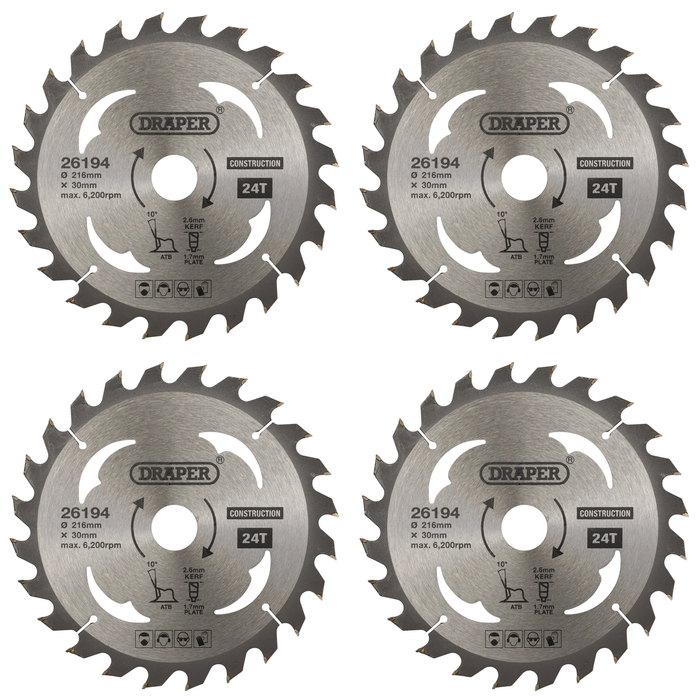 Draper TCT Construction Circular Saw Blade, 216 x 30mm, 24T - SBC4