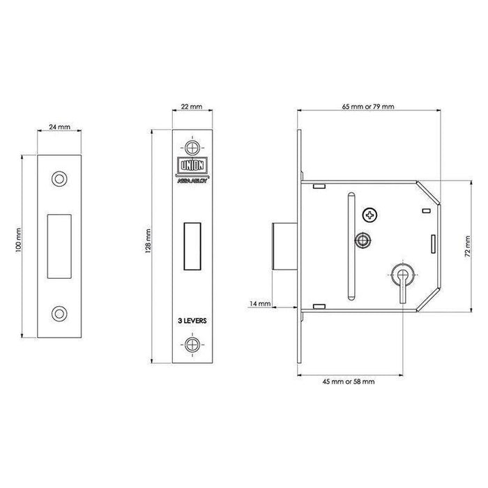 Union ES-DL Essentials 3 Lever Mortice Deadlock Chrome 65mm 2.5in Visi UNION - Town Tools