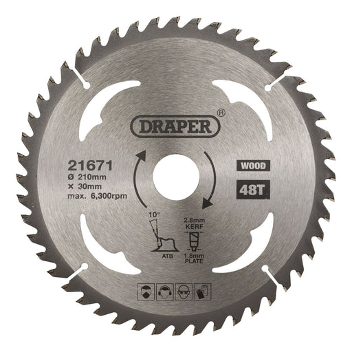 Draper TCT Circular Saw Blade for Wood, 210 x 30mm, 48T 21671 Draper - Town Tools 