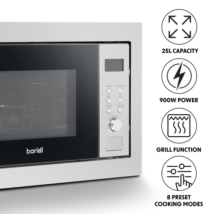 Baridi Integrated Microwave Oven with Grill 25L Capacity 900W - Stainless Steel