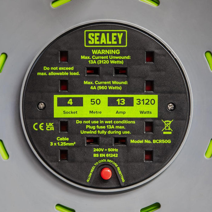 Sealey 50m Cable Reel with Thermal Trip 4 x 230V - Hi-Vis Green BCR50G Sealey - Town Tools 