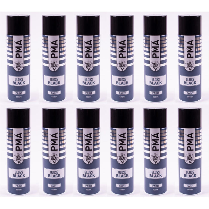 12x PMA Professional Gloss Black 500ml Spray Paint High Coverage PMA - Town Tools 