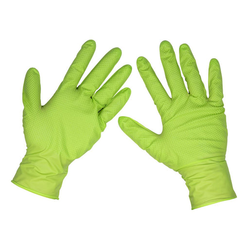 Diamond Grip Extra-Thick Nitrile Powder-Free Gloves Hi-Vis Green Large Pack  50 Sealey - Town Tools 