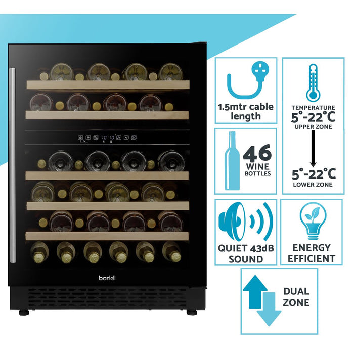 Baridi 46 Bottle Under-Counter/Freestanding Dual Zone Fridge & Cooler 60cm