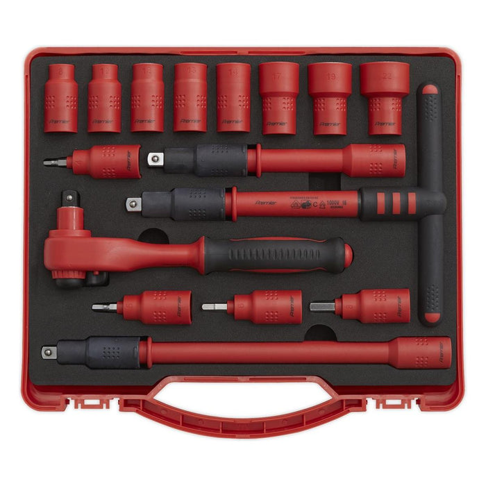 Sealey Insulated Socket Set 16pc 3/8"Sq Drive 6pt WallDrive VDE Approved AK7940 Sealey - Town Tools 