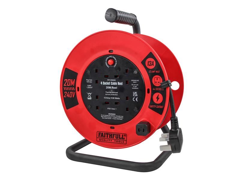 Faithfull Power Plus Open Cable Reel 240V 20m 13A 4 Socket (1.25mm Cable) Faithfull Power Plus - Town Tools