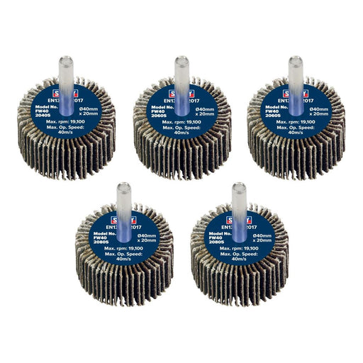 Sealey 40 x 20mm Abrasive Flap Wheel on 6mm Shaft Assorted Grit - Pack of 5 Sealey - Town Tools 