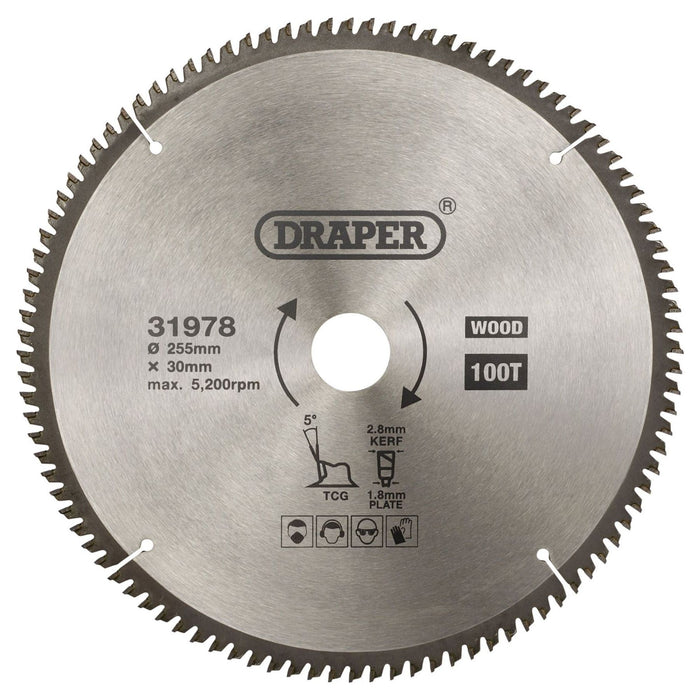 Draper TCT Triple Chip Grind Circular Saw Blade, 255 x 30mm, 100T 31978 Draper - Town Tools 