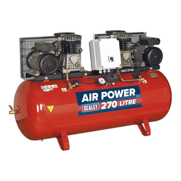 Sealey 270L Belt Drive Air Compressor with Cast Cylinders 2 x 3hp SAC1276B Sealey - Town Tools 