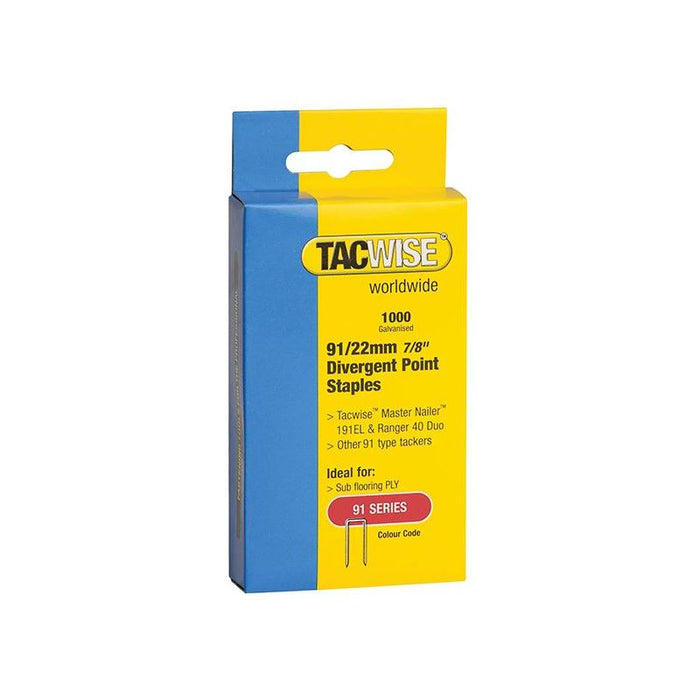 Tacwise 91 Narrow Crown Divergent Point Staples 22mm - Electric Tackers (Pack 1000) Tacwise - Town Tools