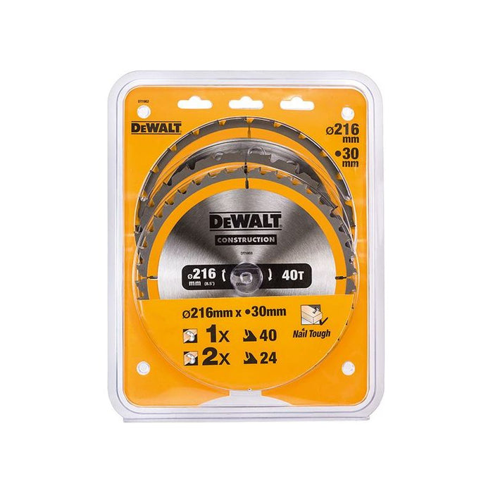 Dewalt Power Tools DT1962 Construction Circular Saw Blade 3 Pack 216 x 30mm 2 x 24T 1 x 40T DeWALT Power Tools - Town Tools