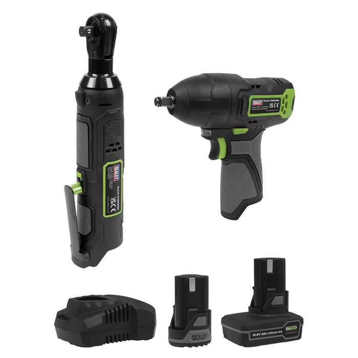 2 x SV10.8 Series Cordless Impact Wrench & Ratchet Wrench Kit 10.8V 2 Batteries Sealey - Town Tools 