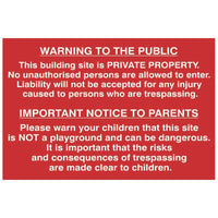 Scan Building Site Warning to Public & Parents - PVC Sign 600 x 400mm