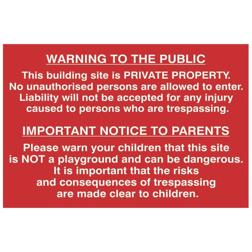 Scan Building Site Warning to Public & Parents - PVC Sign 600 x 400mm Scan - Town Tools