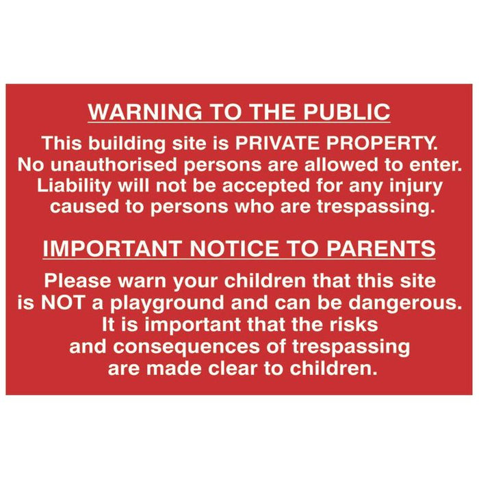 Scan Building Site Warning to Public & Parents - PVC Sign 600 x 400mm Scan - Town Tools