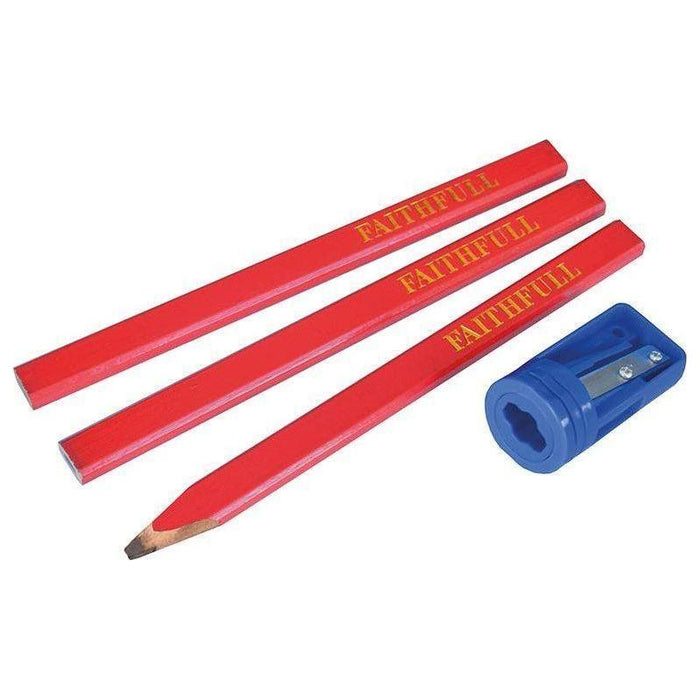 Faithfull Carpenters' Pencils Red (Pack 3 + Sharpener) Faithfull - Town Tools