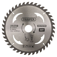 Draper TCT Construction Circular Saw Blade, 216 x 30mm, 40T 26258