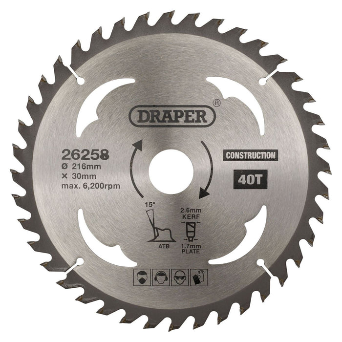 Draper TCT Construction Circular Saw Blade, 216 x 30mm, 40T 26258 Draper - Town Tools 