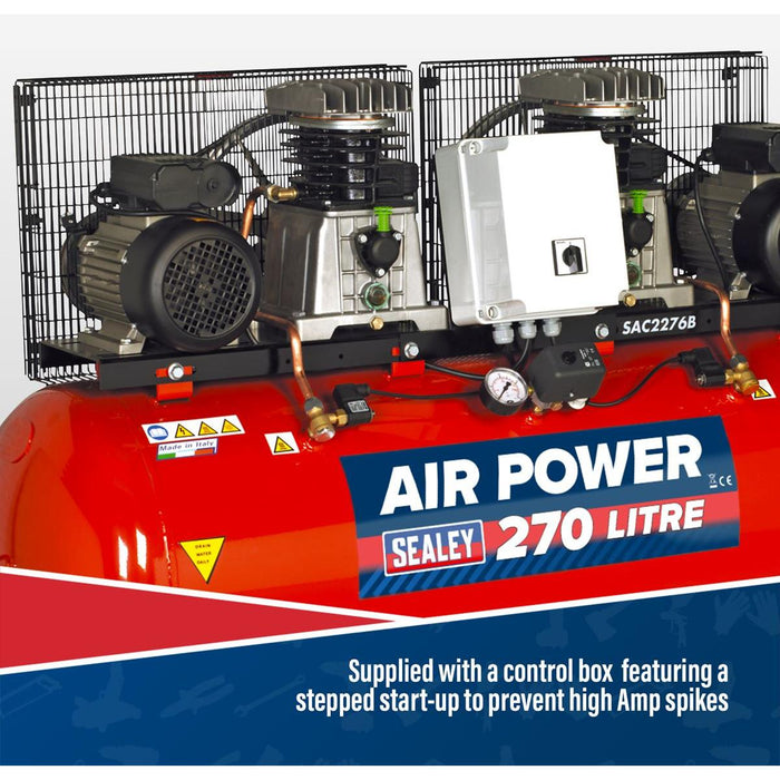 Sealey 270L Belt Drive Air Compressor with Cast Cylinders 2 x 3hp SAC2276B Sealey - Town Tools 
