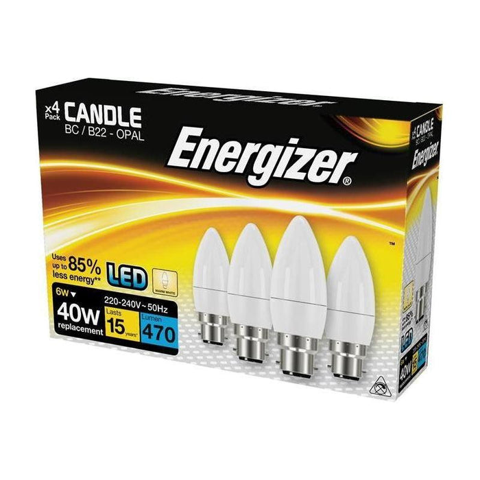 Energizer® LED BC (B22) Opal Candle Non-Dimmable Bulb, Warm White 470 lm 5.2W (Pack 4) Energizer® - Town Tools