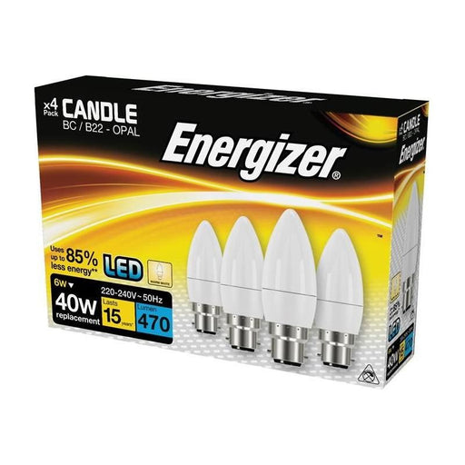 Energizer® LED BC (B22) Opal Candle Non-Dimmable Bulb, Warm White 470 lm 5.2W (Pack 4) Energizer® - Town Tools