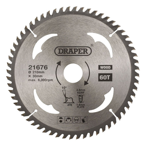 Draper TCT Circular Saw Blade for Wood, 210 x 30mm, 60T 21676 Draper - Town Tools 