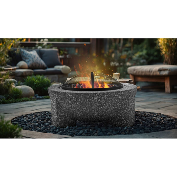 Dellonda Round MgO Fire Pit with BBQ Grill Ø75cm Safety Mesh Screen - Dark Grey