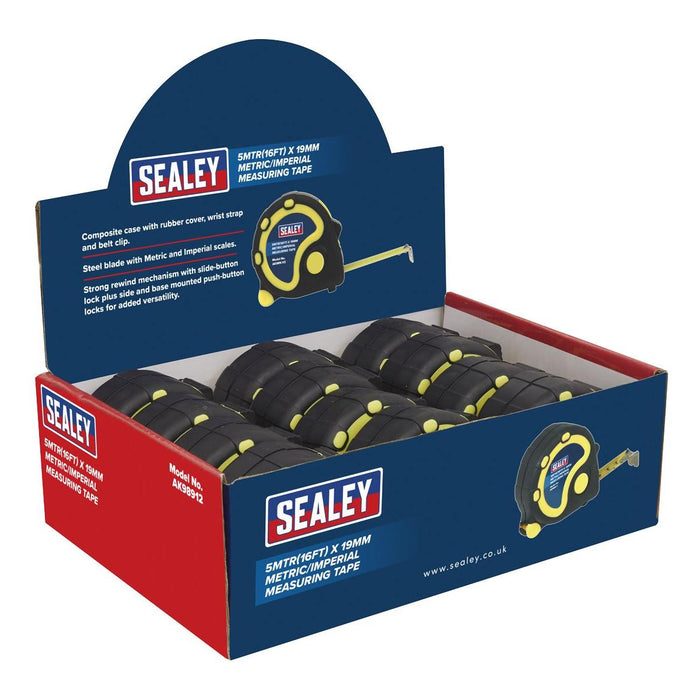 Sealey Rubber Tape Measure 5m(16ft) x 19mm Metric/Imperial Display Box of 12 Sealey - Town Tools 