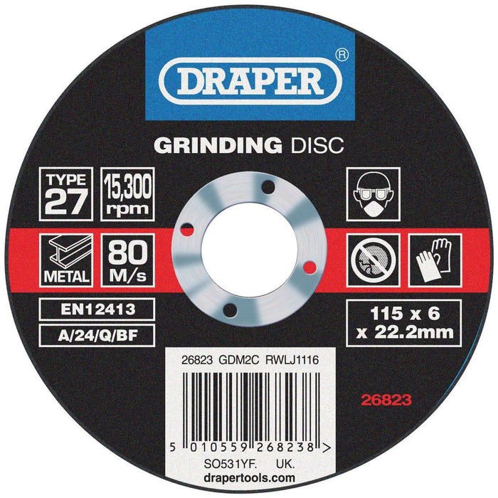 Draper Grinding Disc with Depressed Centre Bore, 115 x 6 x 22.2mm 26823 Draper - Town Tools 
