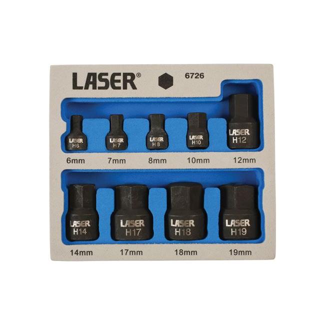 Laser Low Profile Impact Hex Socket Bit Set 1/4"D, 3/8"D 9pc 6726