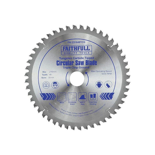 Faithfull TCT Circular Saw Blade Triple Chip Ground 216 x 30mm x 48T NEG Faithfull - Town Tools