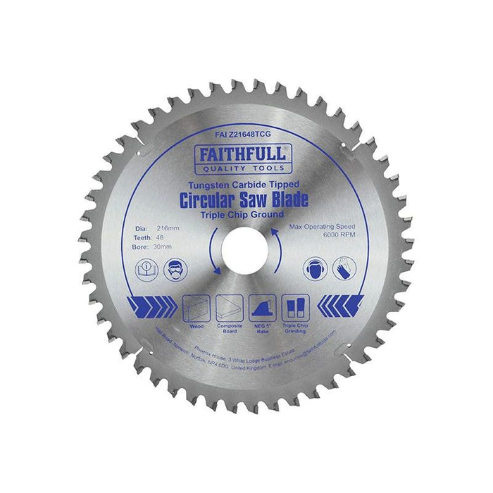 Faithfull TCT Circular Saw Blade Triple Chip Ground 216 x 30mm x 48T NEG Faithfull - Town Tools