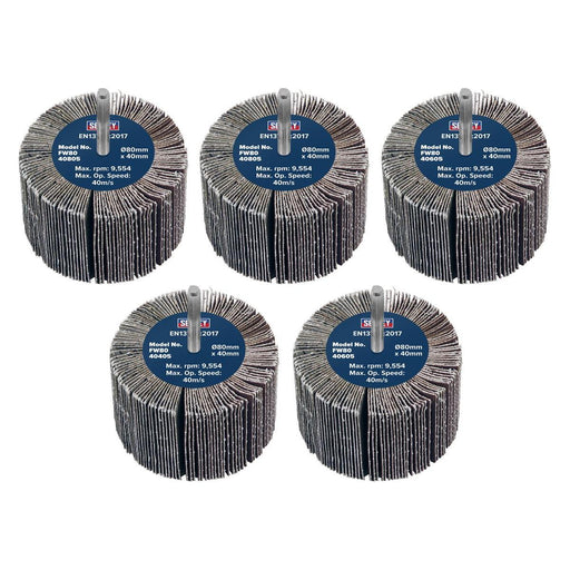 Sealey 80 x 40mm Abrasive Flap Wheel on 6mm Shaft Assorted Grit - Pack of 5 Sealey - Town Tools 