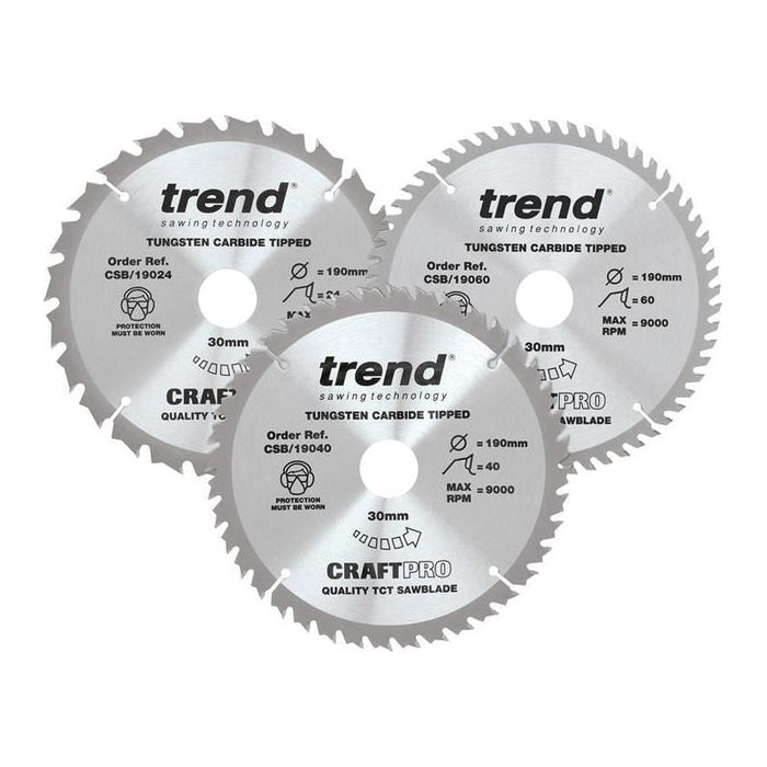 Trend CraftPro Saw Blade 190 x 30mm x 24T/40T/60T (Pack 3) Trend - Town Tools