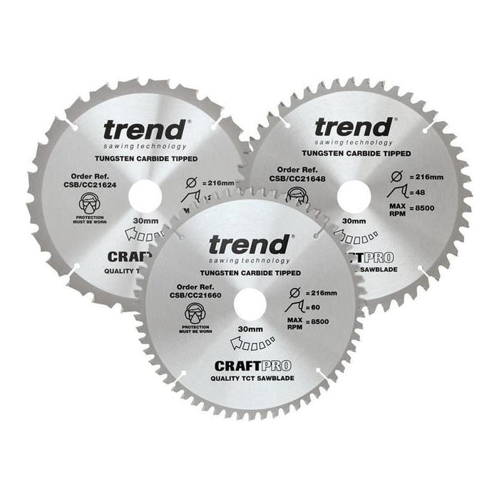 Trend CraftPro Mitre Saw Blade 216 x 30mm x 24T/48T/60T (Pack 3) Trend - Town Tools