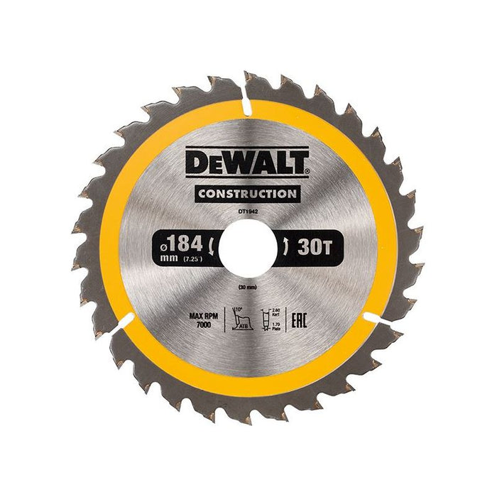 Dewalt Power Tools Portable Construction Circular Saw Blade 184 x 30mm x 30T DeWALT Power Tools - Town Tools