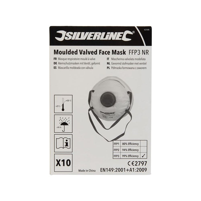 Silverline Moulded Valved Face Mask FFP3 NR Display Box 10pk FFP3 NR Silverline - Town Tools 