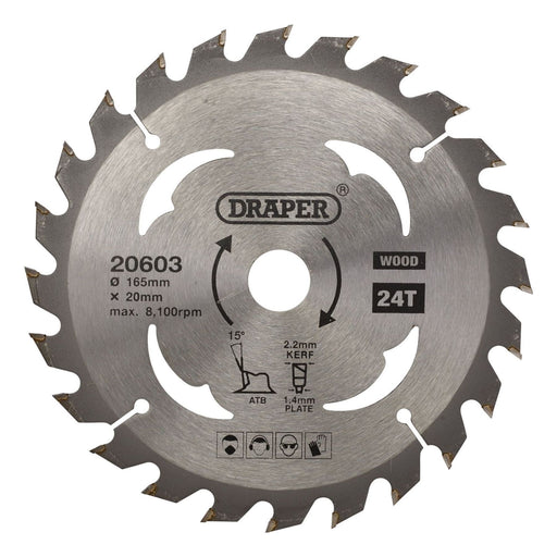 Draper TCT Circular Saw Blade for Wood, 165 x 20mm, 24T 20603 Draper - Town Tools 