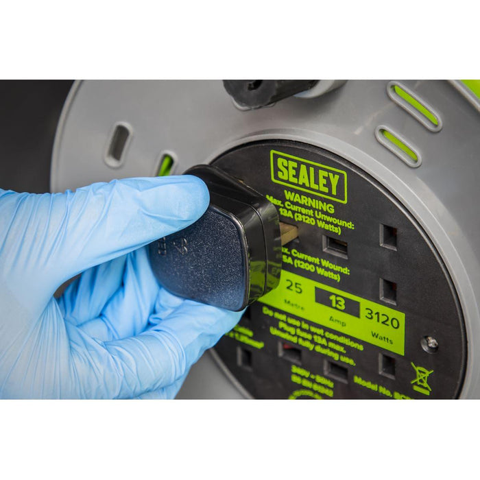 Sealey 25m Cable Reel with Thermal Trip 4 x 230V - Hi-Vis Green BCR25G Sealey - Town Tools 