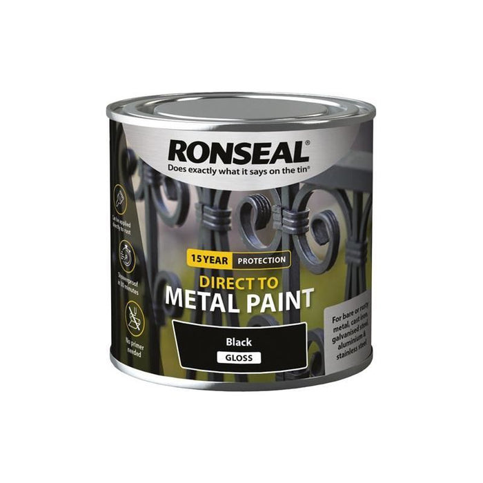 Ronseal Direct to Metal Paint Black Gloss 250ml Ronseal - Town Tools