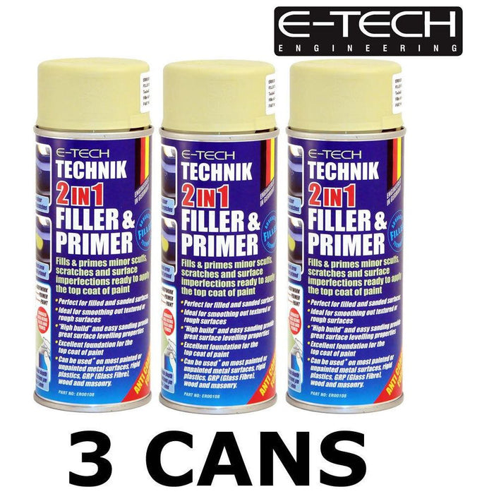 3x E-Tech Technik 2-in-1 Filler & Primer Car Body Repair Paint Undercoat 400ml Can E-Tech - Town Tools 