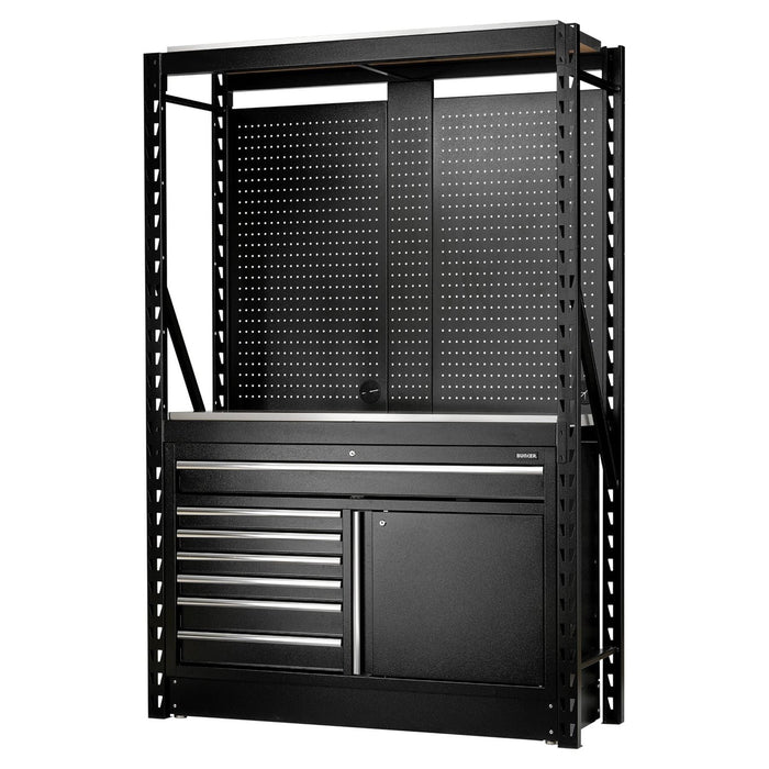 Bunker 14 Piece Modular Storage Combo 2 Tier Racking with Stainless Steel Shelving, Pegboards and Floor Cabinet, 1500mm Draper - Town Tools