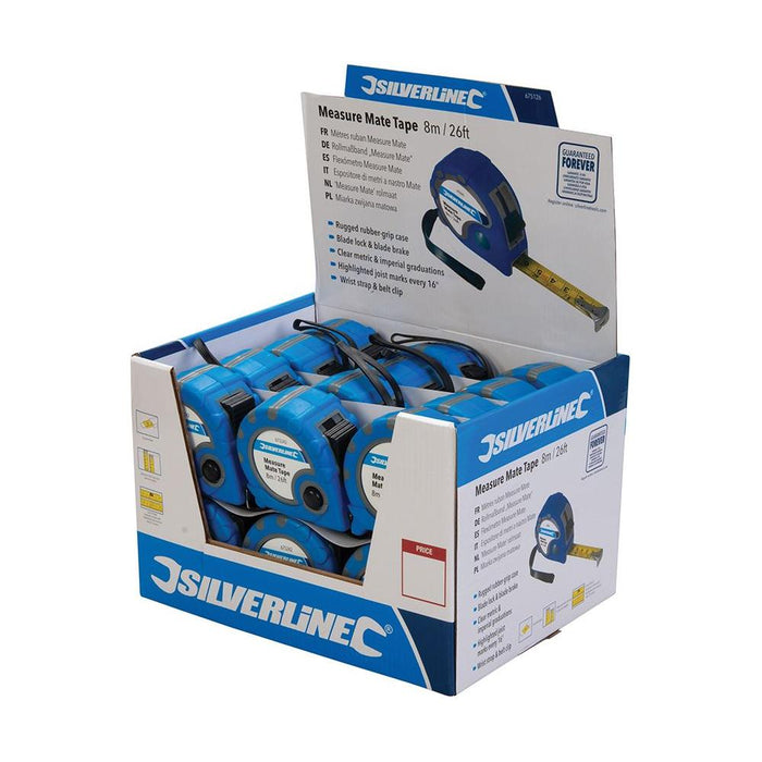 Silverline Measure Mate Tape Display Box 24pce 8m / 26ft x 25mm Silverline - Town Tools 