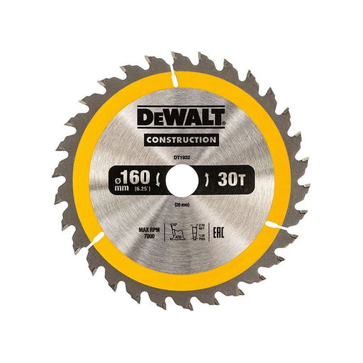 Dewalt Power Tools Portable Construction Circular Saw Blade 160 x 20mm x 30T DeWALT Power Tools - Town Tools